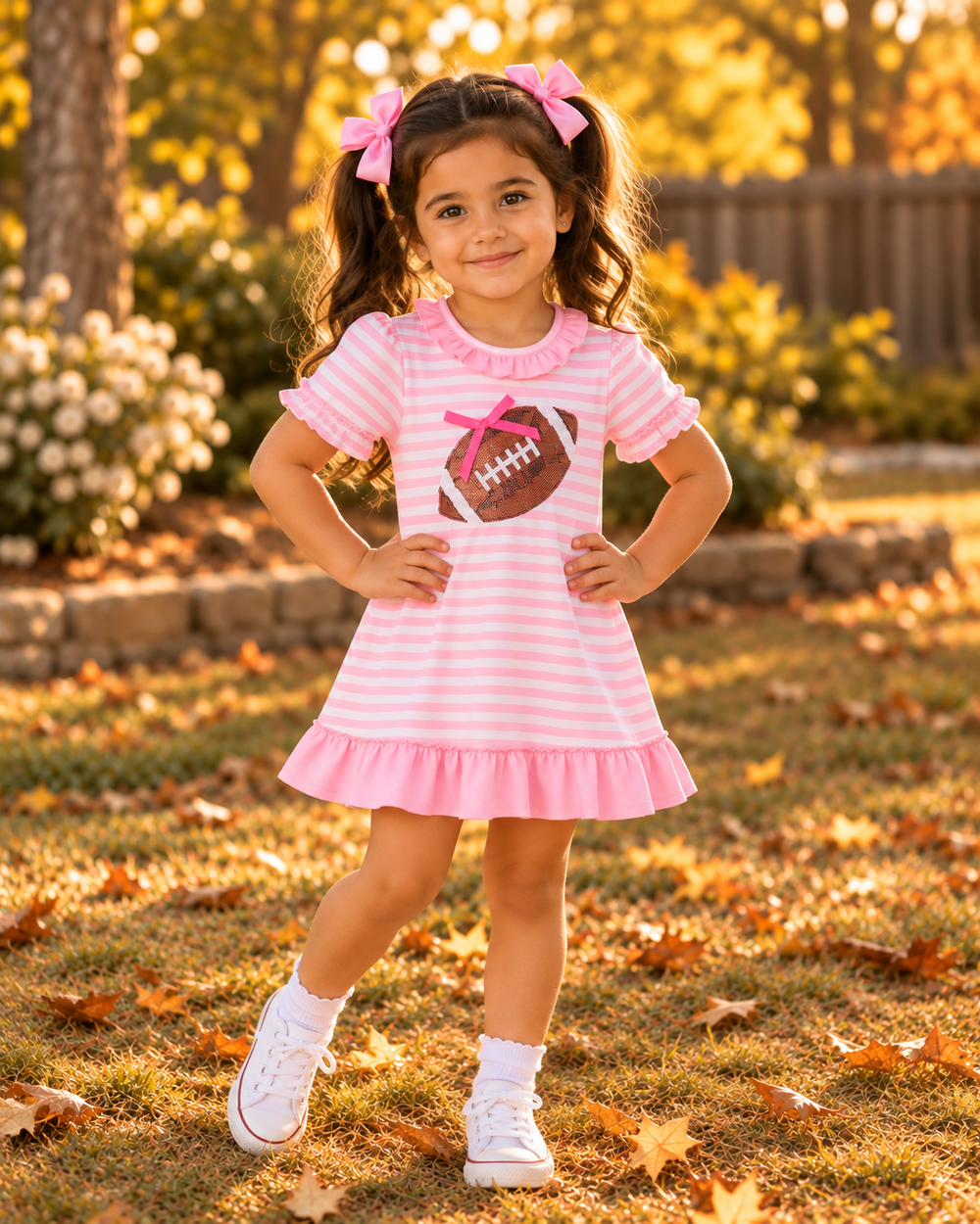Pink-and-white striped ruffle dress with football sequin applique and short sleeves