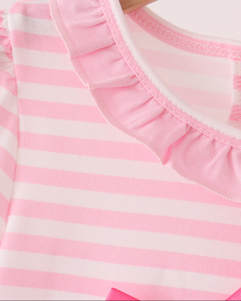 Pink-and-white striped ruffle dress with scalloped neckline trim