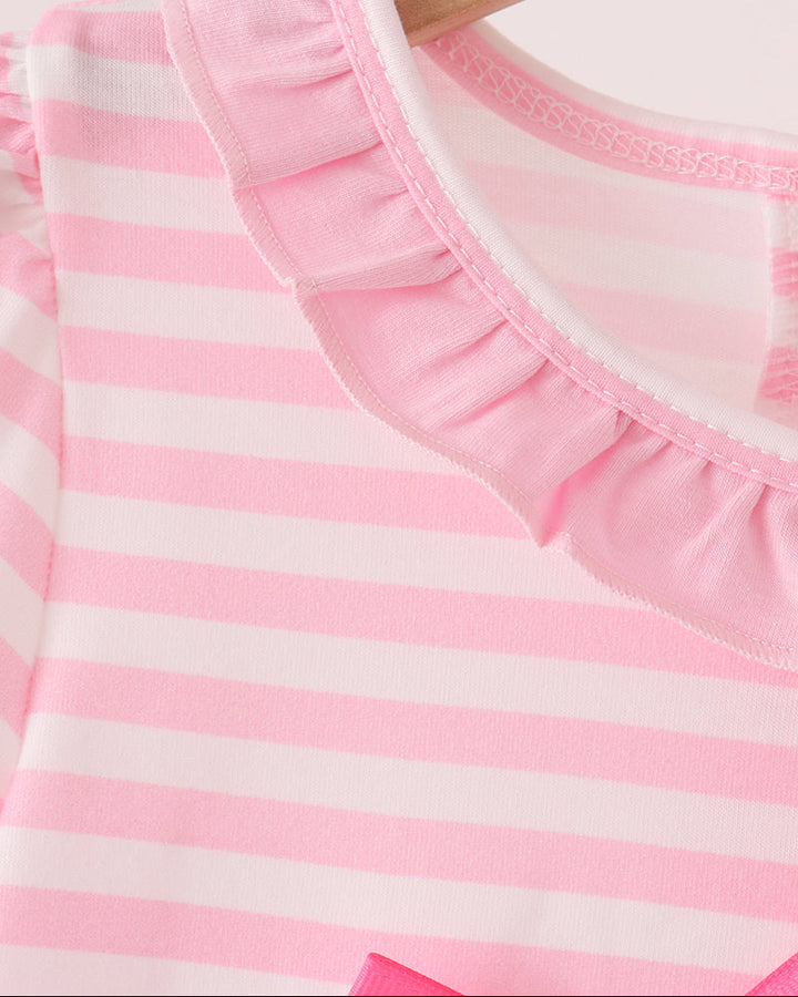 Pink-and-white striped ruffle dress with scalloped neckline trim