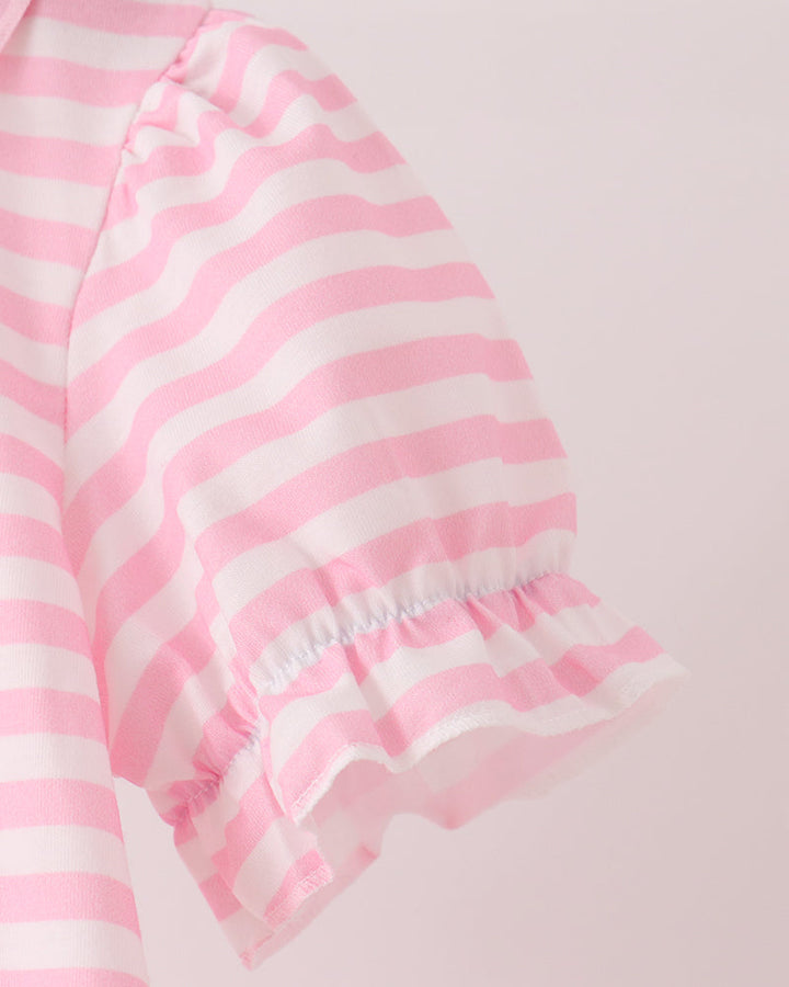 Pink-and-white striped ruffle sleeve with gathered cuff