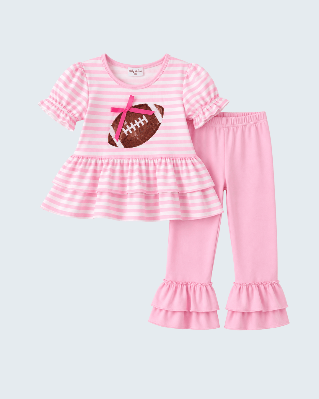 Pink striped peplum top with football patch and ruffle pants set
