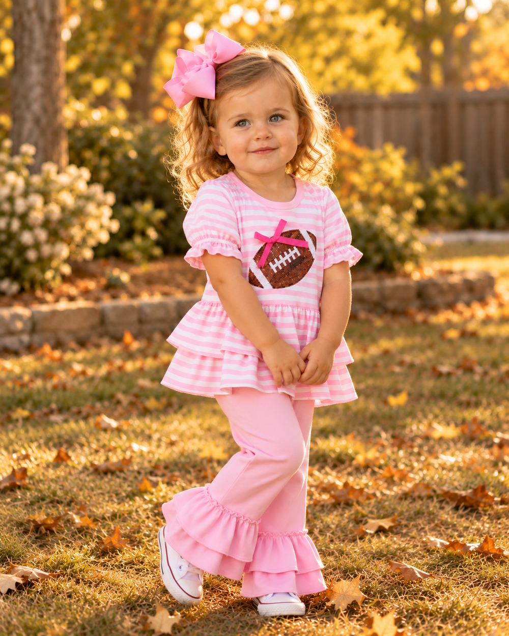 Pink striped peplum top and ruffle pants on a child outdoors