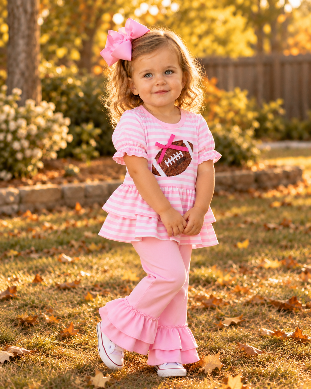 Pink striped peplum top and ruffle pants on a child outdoors