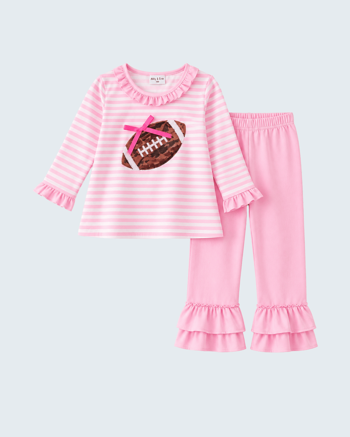 Pink striped top with football patch and ruffle cuffs plus pink ruffle pant set
