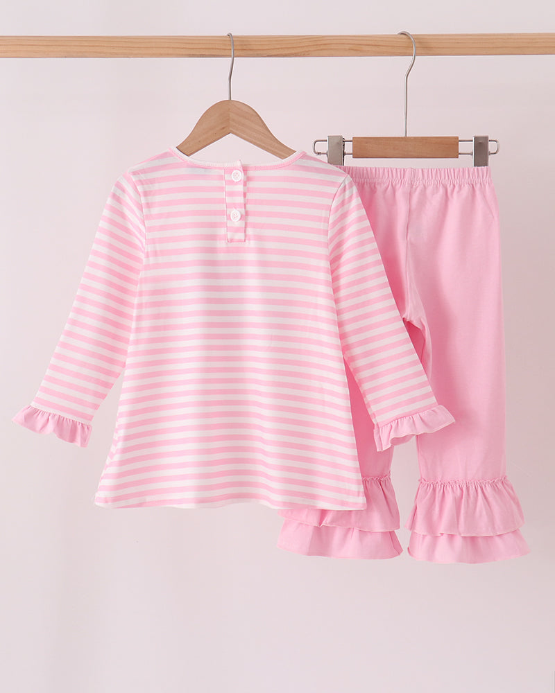 Kids pink striped long-sleeve top with ruffle hem and pink ruffle pants set