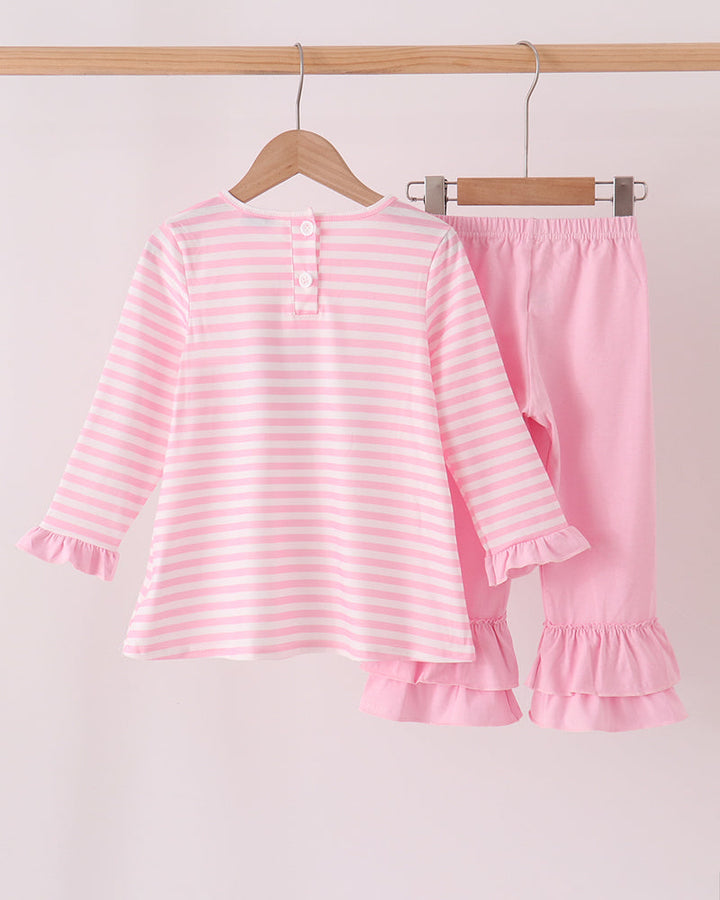 Kids pink striped long-sleeve top with ruffle hem and pink ruffle pants set