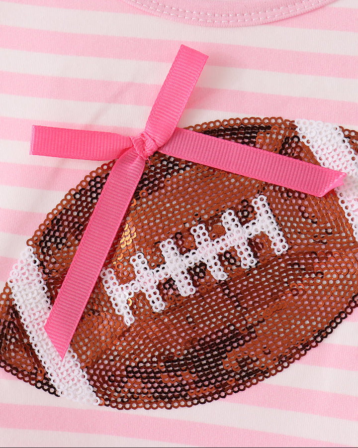 Pink striped top with sequin football patch and pink bow detail