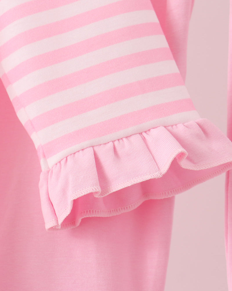 Pink striped top sleeve and matching ruffled pant cuff detail
