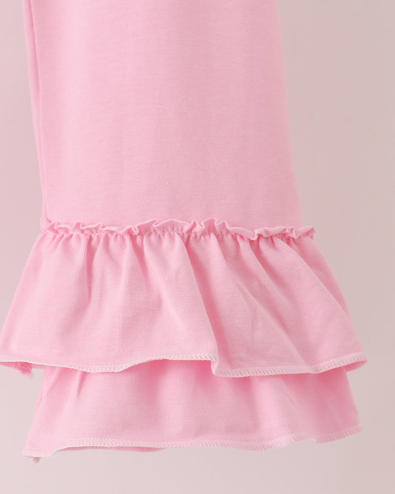 Pink ruffle pants with layered frill hem and elastic cuff