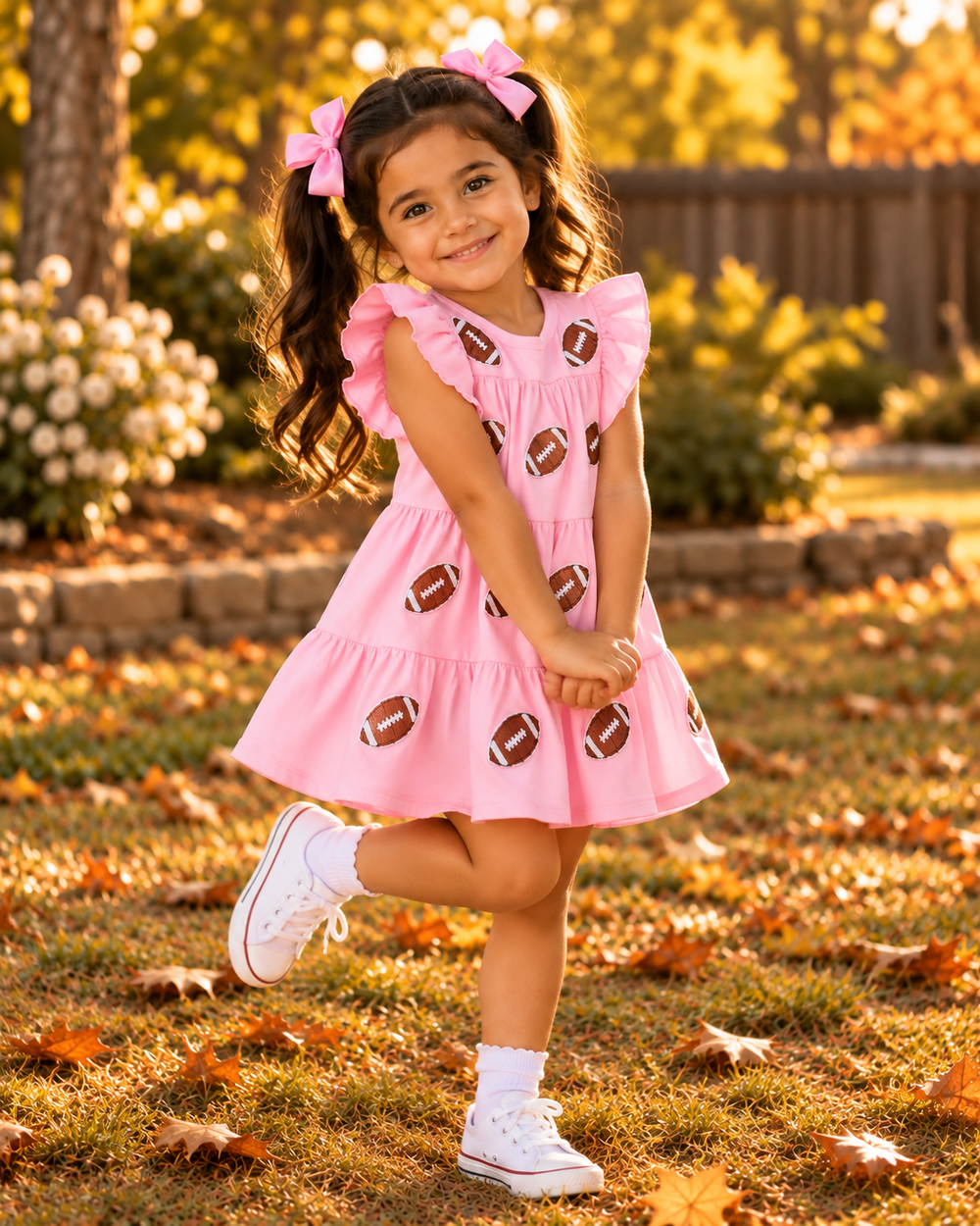 Pink tiered ruffle dress with football sequin patches and white sneakers