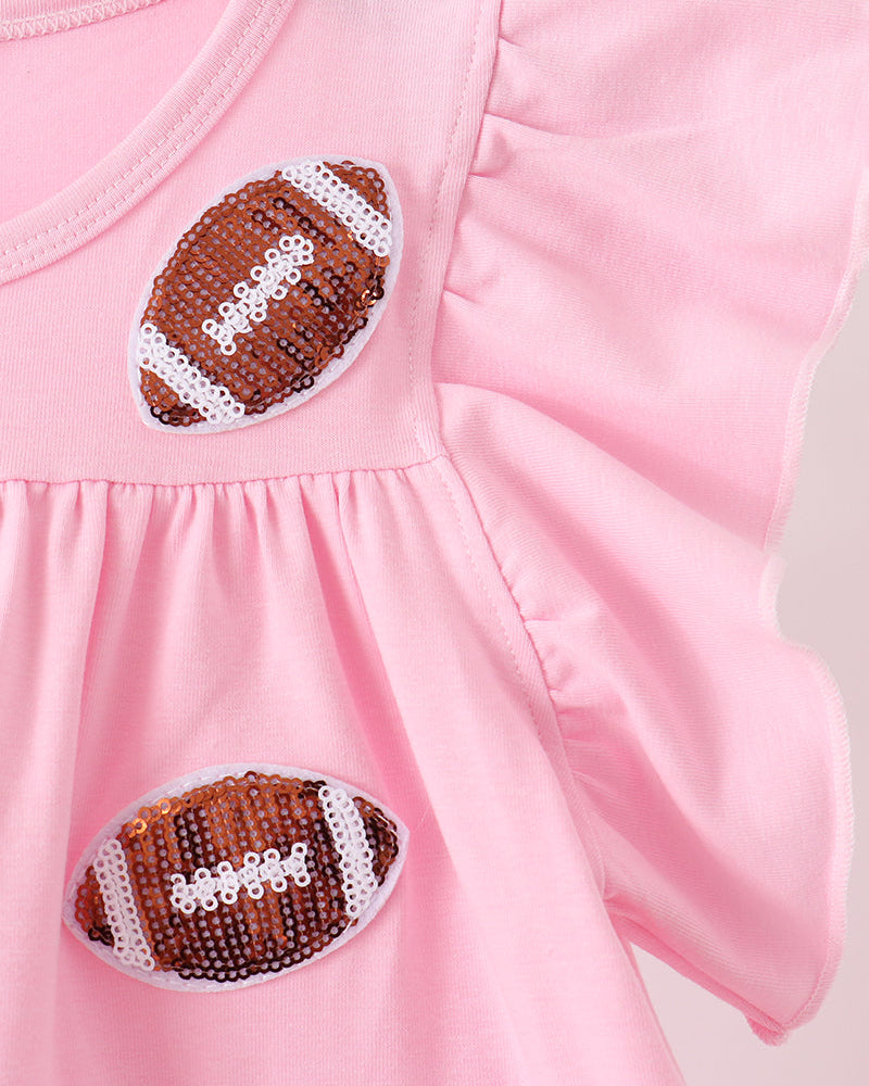 Pink tiered ruffle dress with football sequin applique at the chest and hem