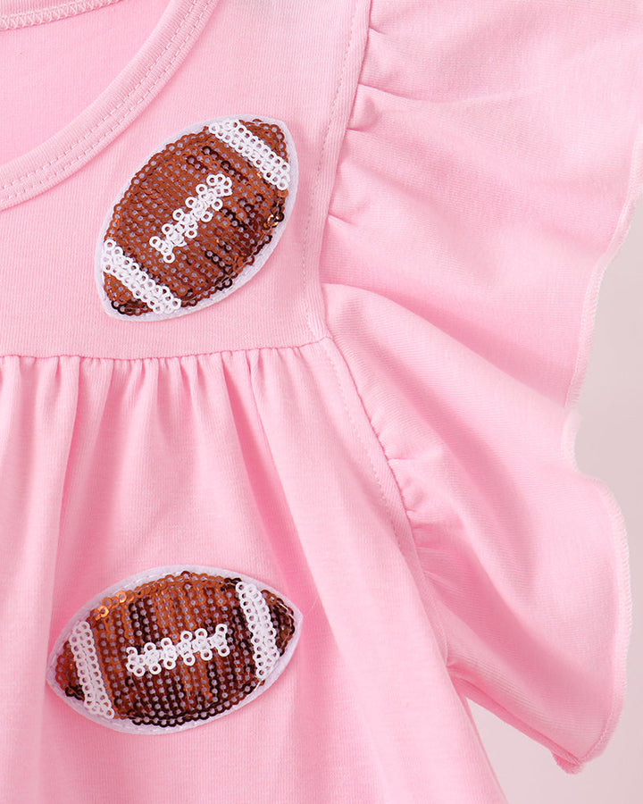 Pink tiered ruffle dress with football sequin applique at the chest and hem