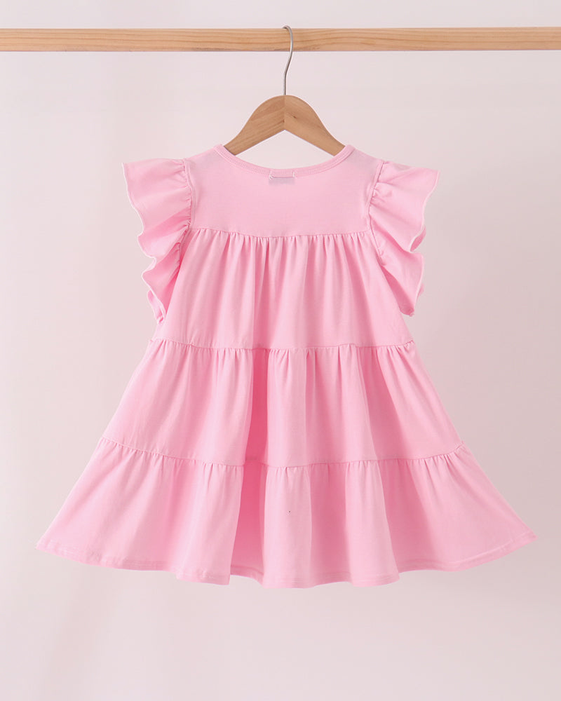 Pink sleeveless tiered ruffle dress with flutter sleeves and gathered bodice