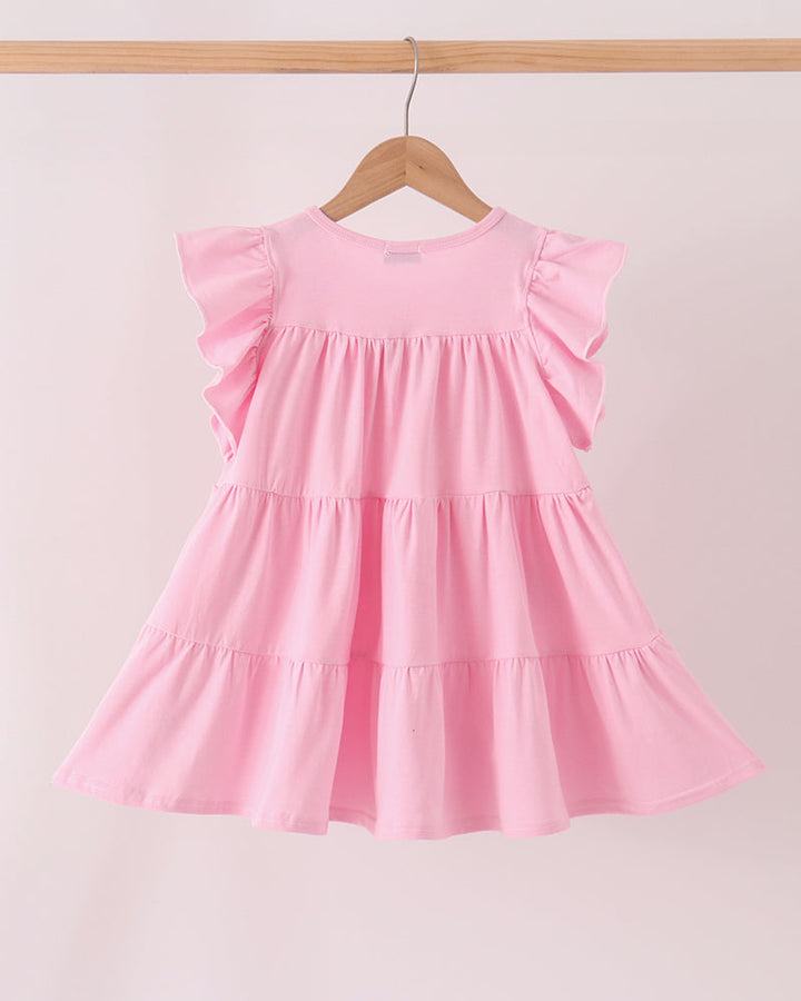 Pink sleeveless tiered ruffle dress with flutter sleeves and gathered bodice