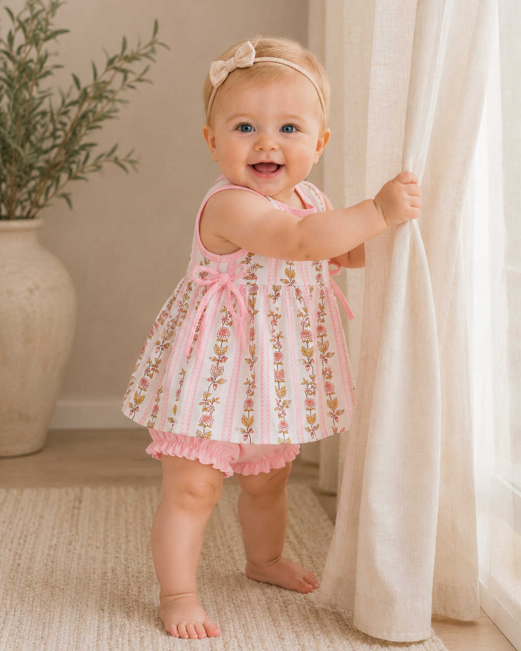 Baby girl is standing pulling on white curtain.