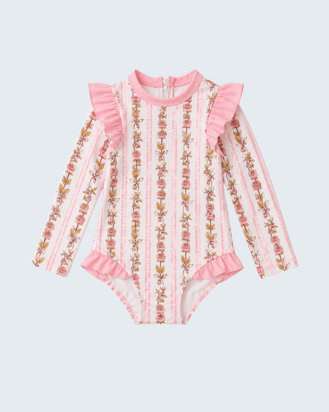 Pink Garden Ruffle Rashguard on light grey rashguard