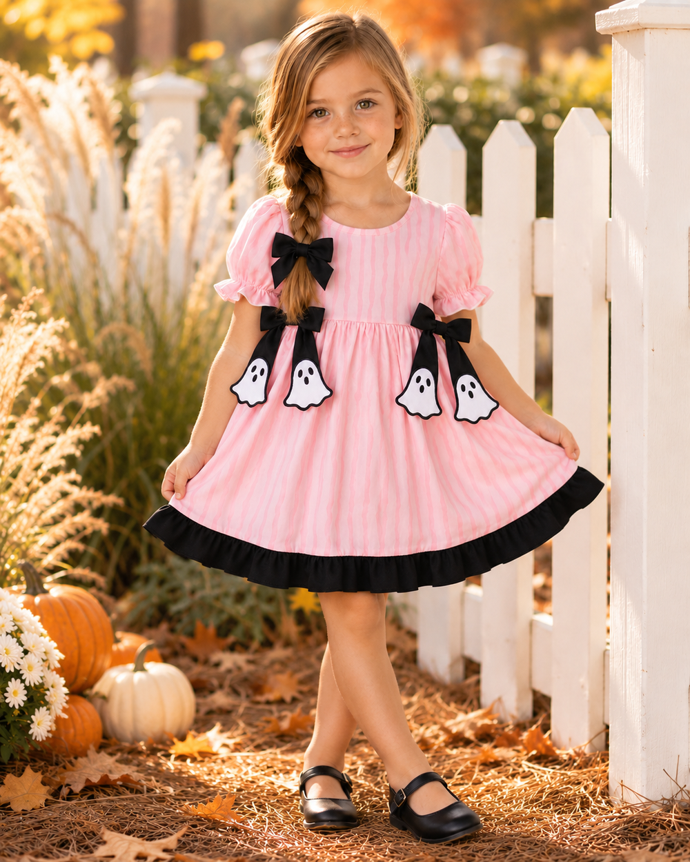 Young girl is wearing a Pink Ghost Appliqué Stripe Dress