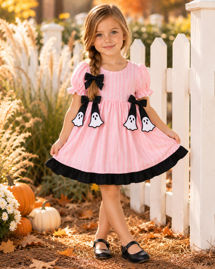 Young girl is wearing a Pink Ghost Appliqué Stripe Dress