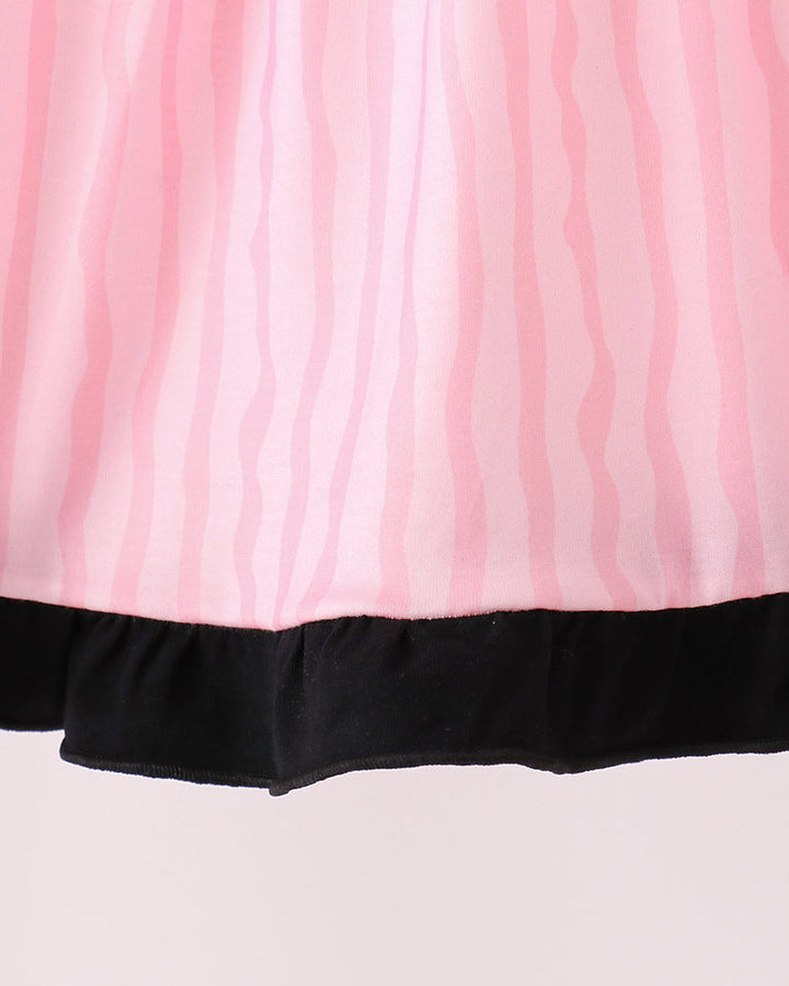 Pink striped skirt with black hem ruffle trim