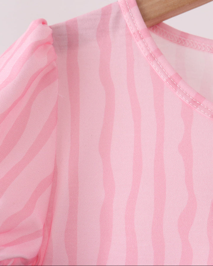 Pink striped dress bodice with gathered seam and ruffled sleeve