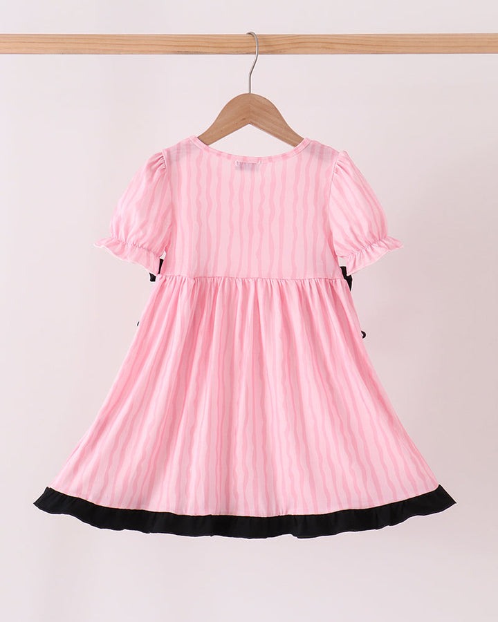 Pink ghost applique stripe dress with puff sleeves and black flared hem