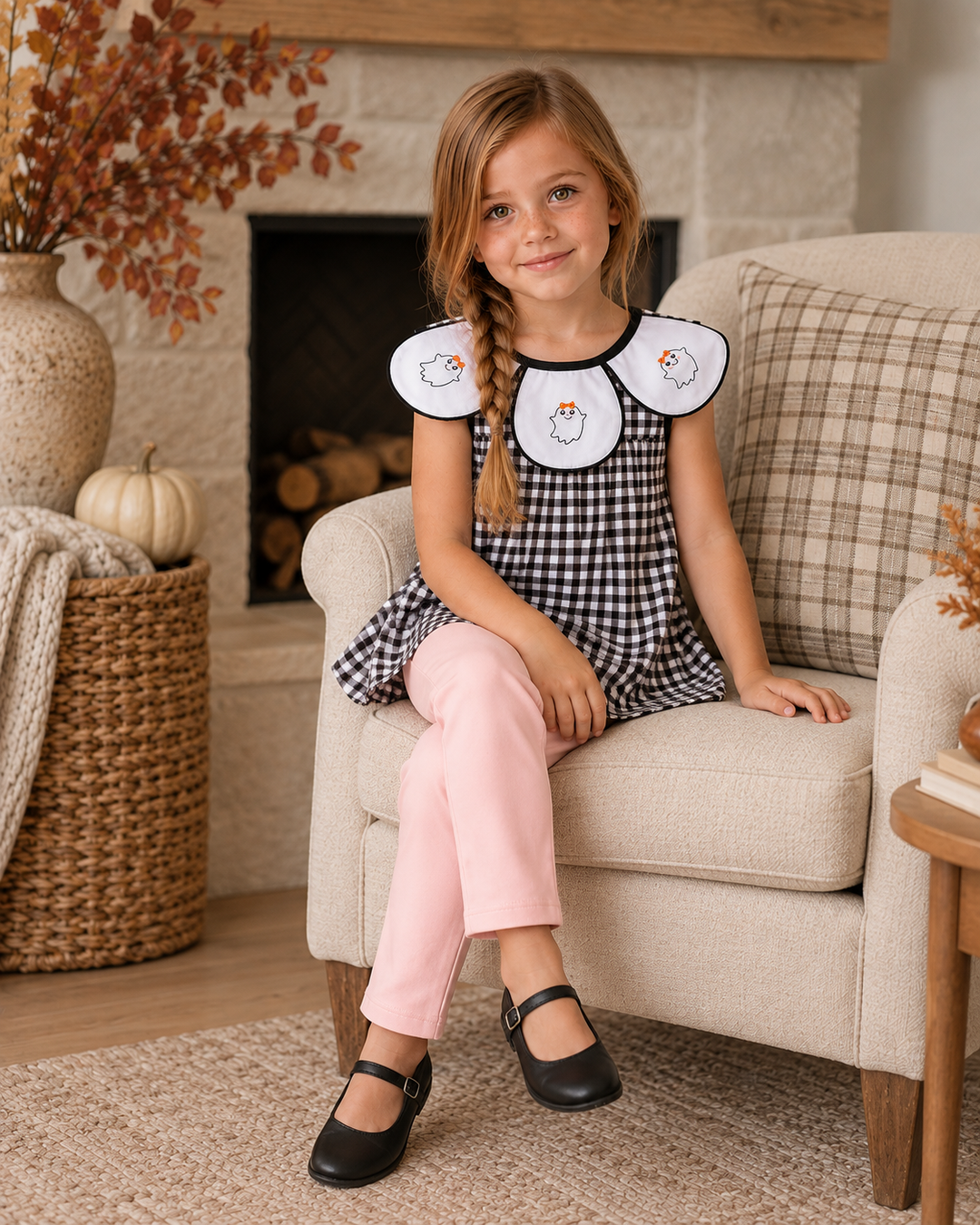 A young girl with a braided ponytail sits in a beige armchair in a cozy room setting. She is wearing a black and white gingham dress with a white ruffled collar featuring embroidered cartoon chickens, paired with light pink pants and black Mary Jane shoes.