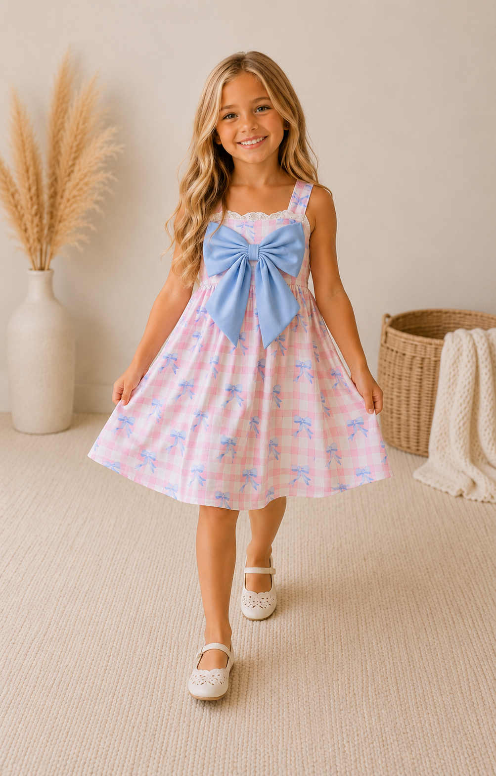 Young girl wearing a floral dress with a large blue bow standing in a room with decorative elements.