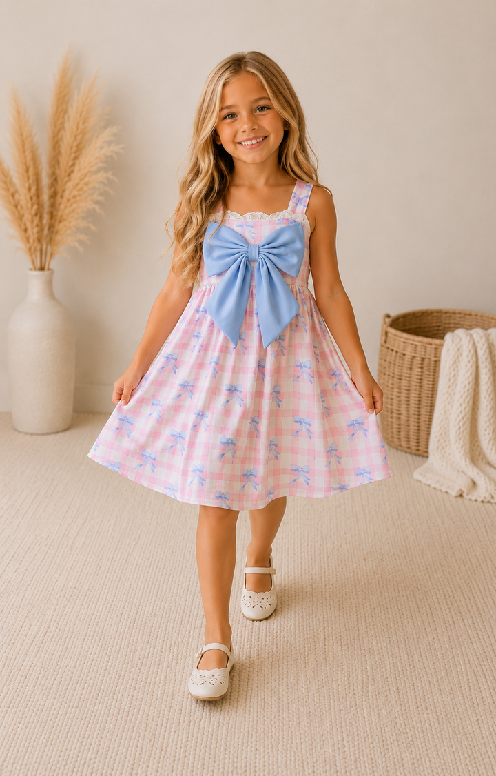 Young girl wearing a floral dress with a large blue bow standing in a room with decorative elements.