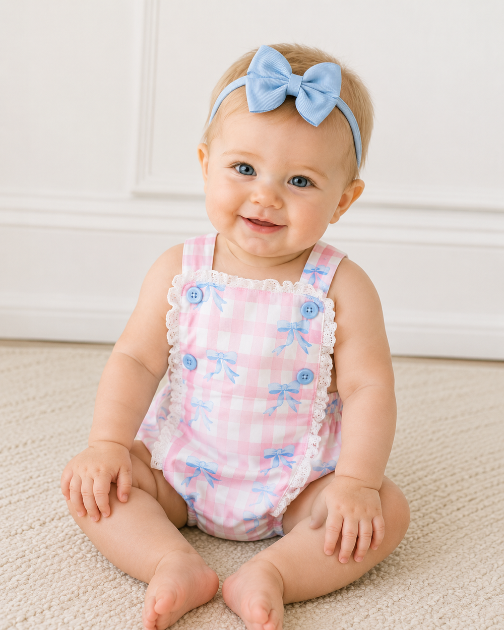 Baby wearing a pink romper with blue floral patterns and a matching headband on a neutral background