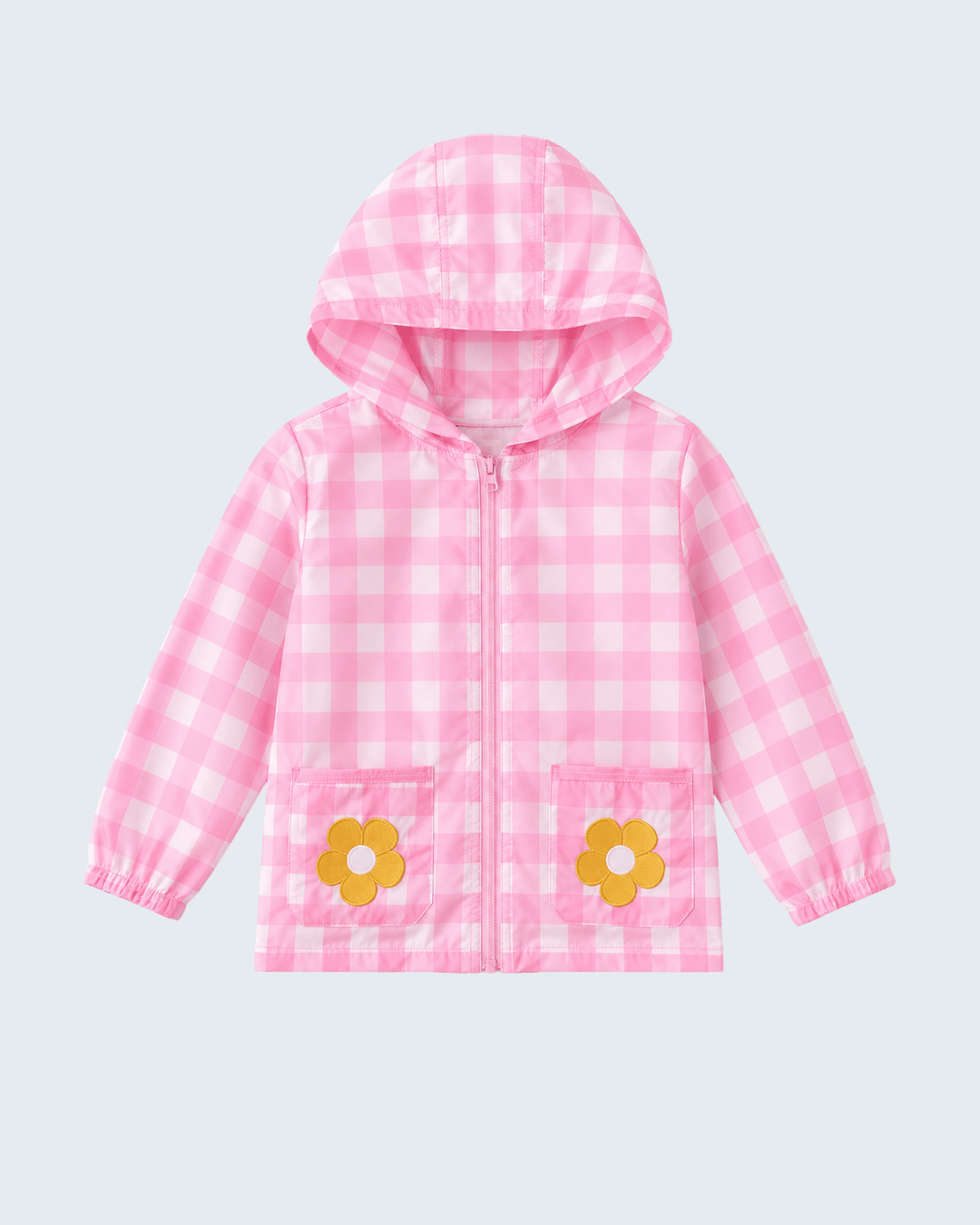 Pink gingham hooded raincoat with floral embroidered pockets and front zipper