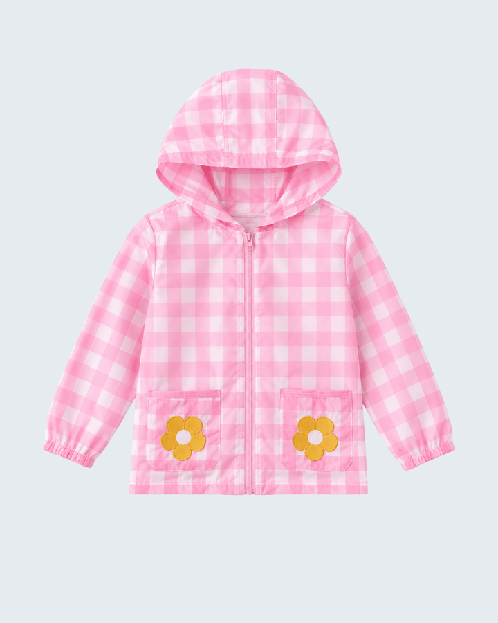 Pink gingham hooded raincoat with floral embroidered pockets and front zipper