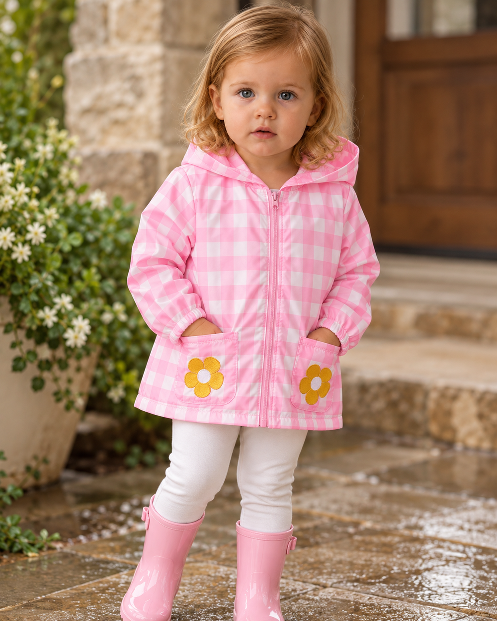 Pink gingham hooded raincoat with floral pockets on a child