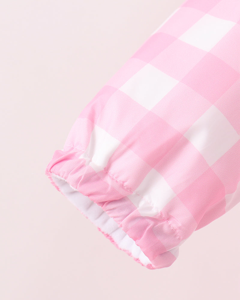 Pink gingham raincoat sleeve with elastic cuff and pink stitched trim