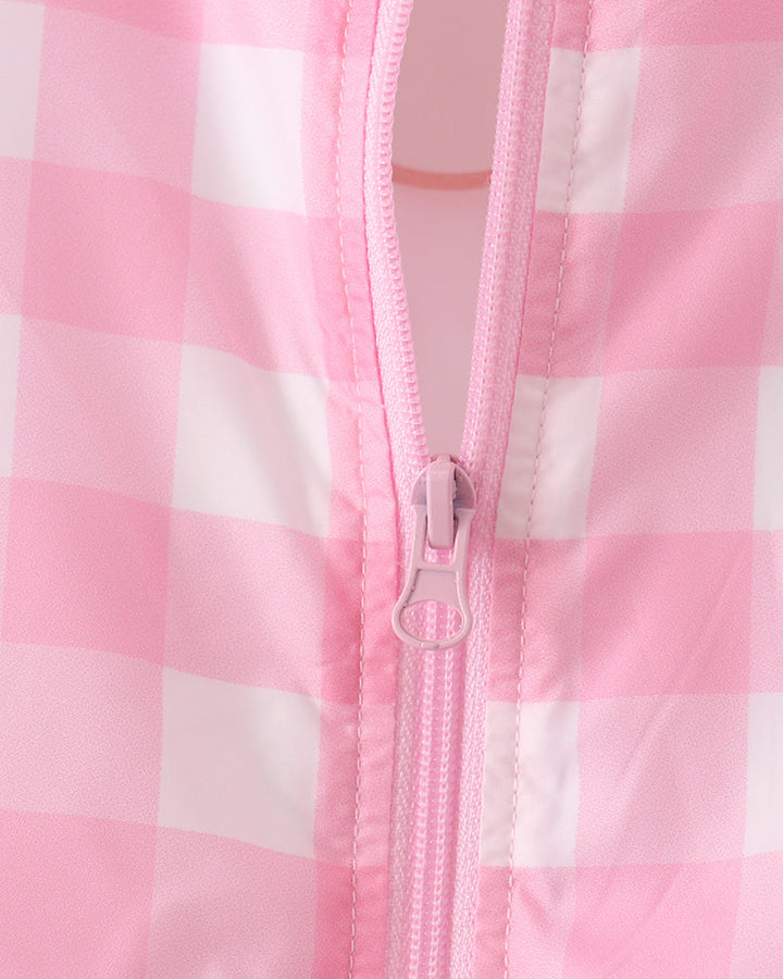 Pink gingham raincoat front zipper with cord pull and stitched placket