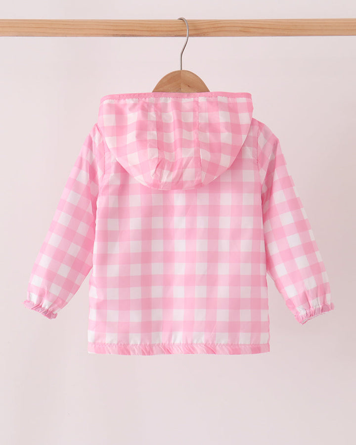 Pink gingham raincoat with hood and elastic cuffs for kids