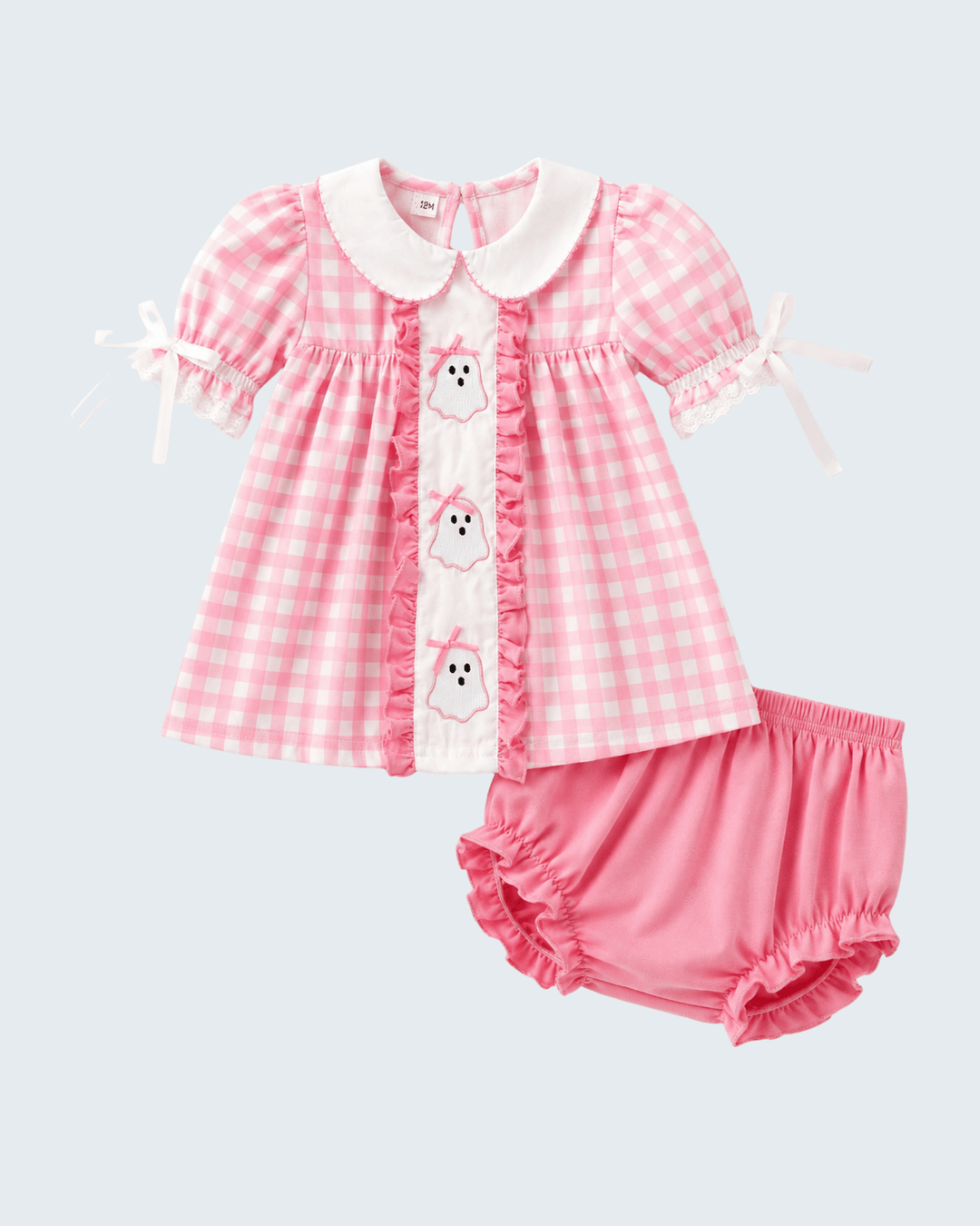 Pink gingham ghost-embroidered bloomer set with white collar and matching pink shorts
