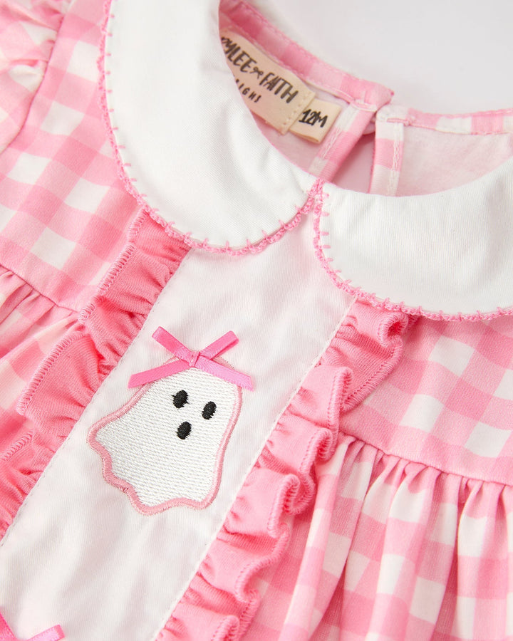 Girls pink gingham bloomer set with white Peter Pan collar and ghost embroidery