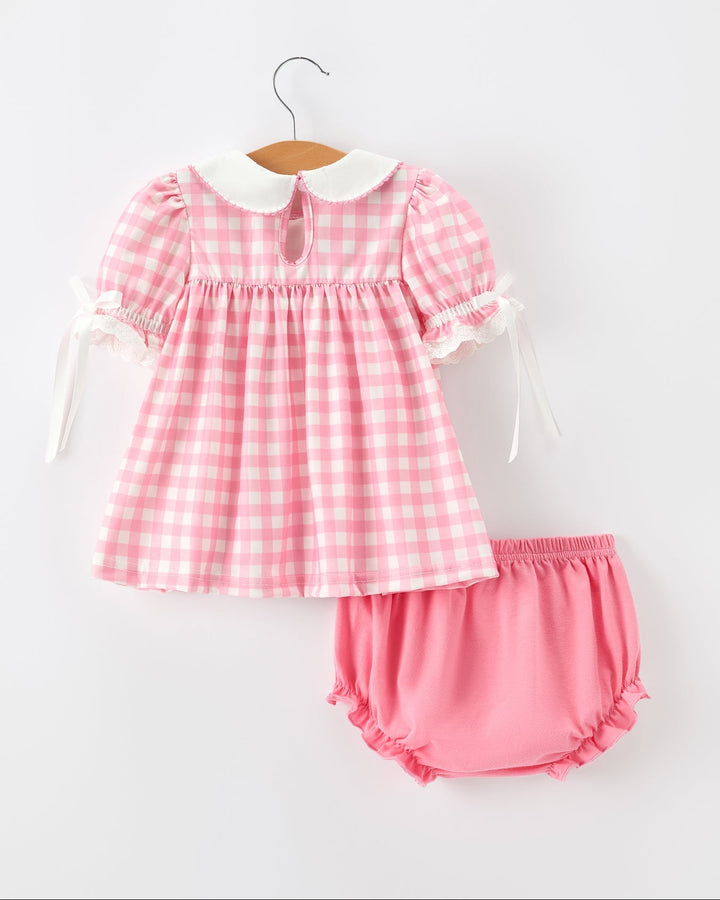 Girls pink gingham dress with short sleeves and matching pink ruffled bloomer set