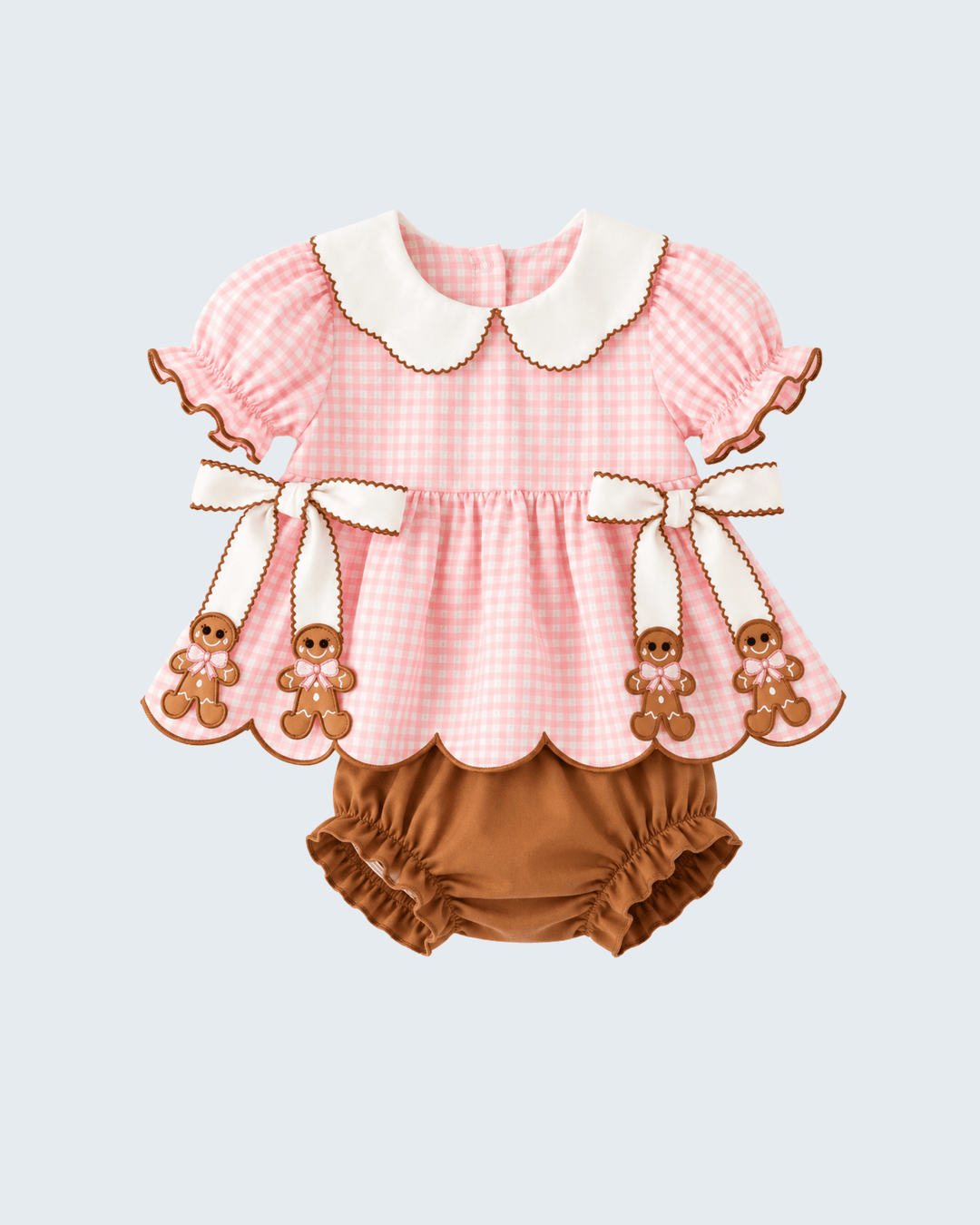 Pink gingham baby top and brown bloomer set with scalloped white collar and gingerbread prints