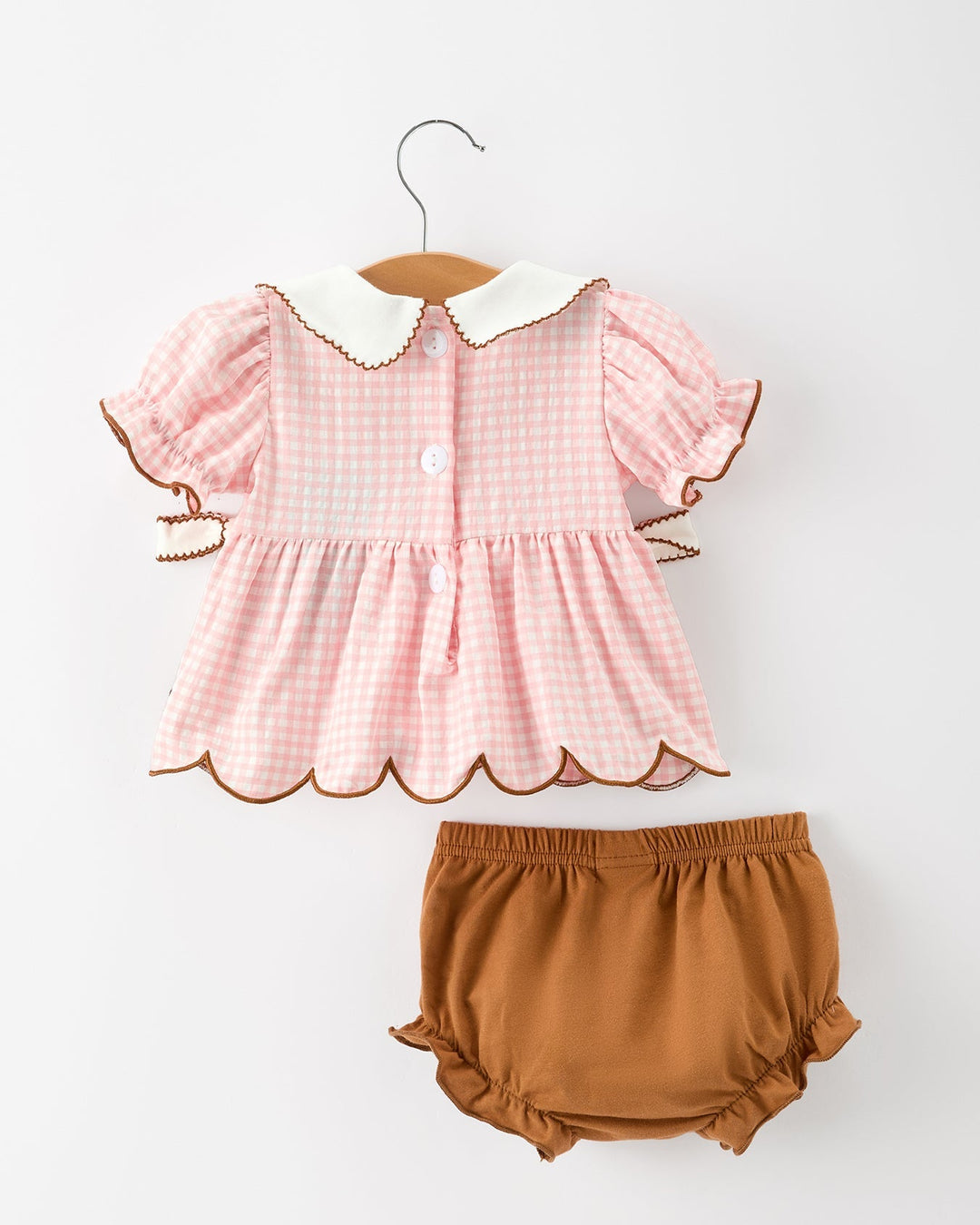 Girls pink gingham dress with scalloped peter pan collar and button front, plus bloomers