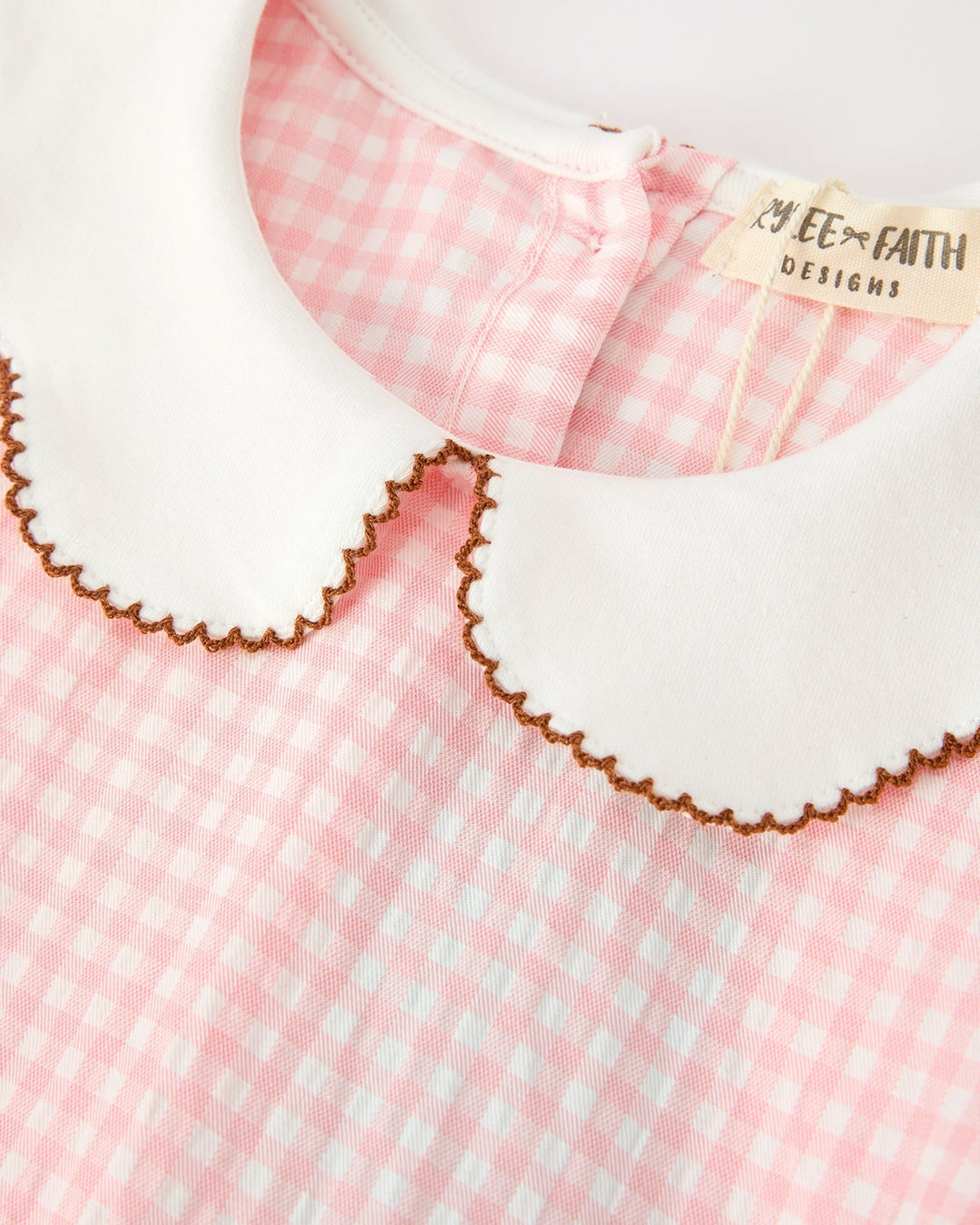 Girls pink gingham dress collar with white Peter Pan yoke and scalloped trim