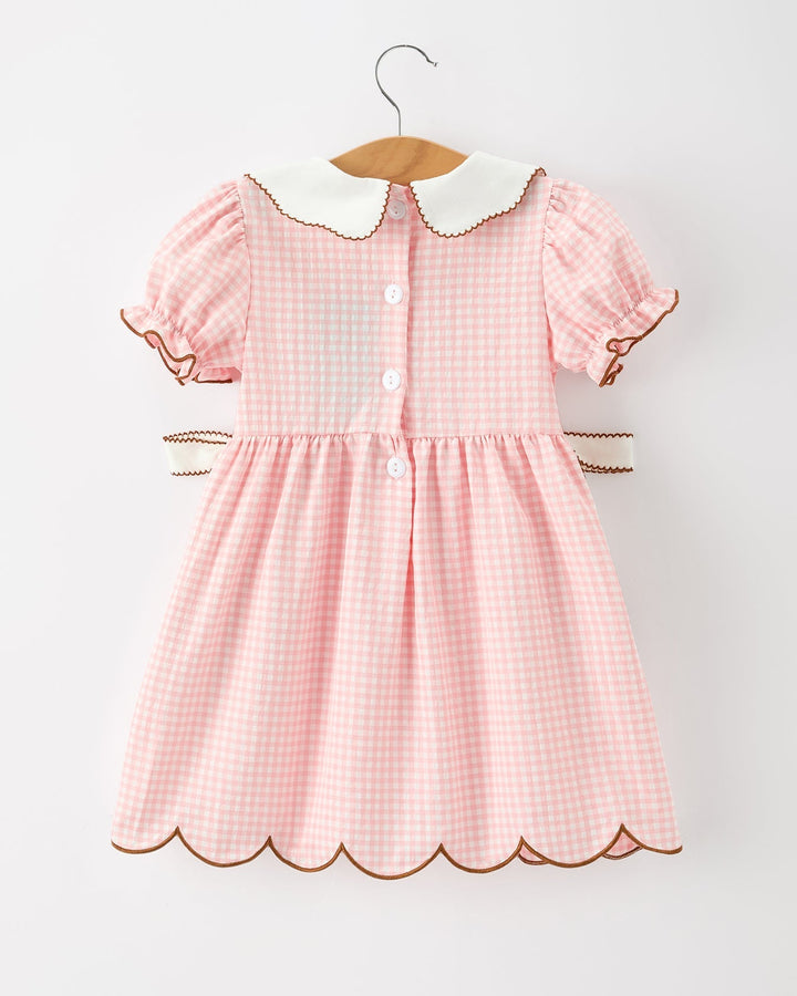 Girls pink gingham dress with white Peter Pan collar, bow sleeves, and center buttons