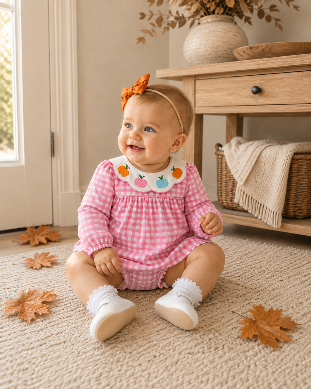 A baby girl sitting on a beige carpet in a cozy room, wearing a pink and white gingham long-sleeve romper with a white bib collar decorated with embroidered fruit, a matching orange bow headband, and white socks.