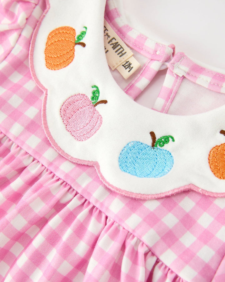 Girls pink gingham bloomer set bib with colorful pumpkin and fruit embroidery, white trim