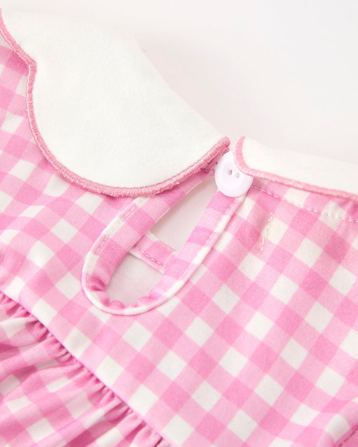 Girls pink gingham bloomer set neckline with buttoned keyhole and ruffled waist