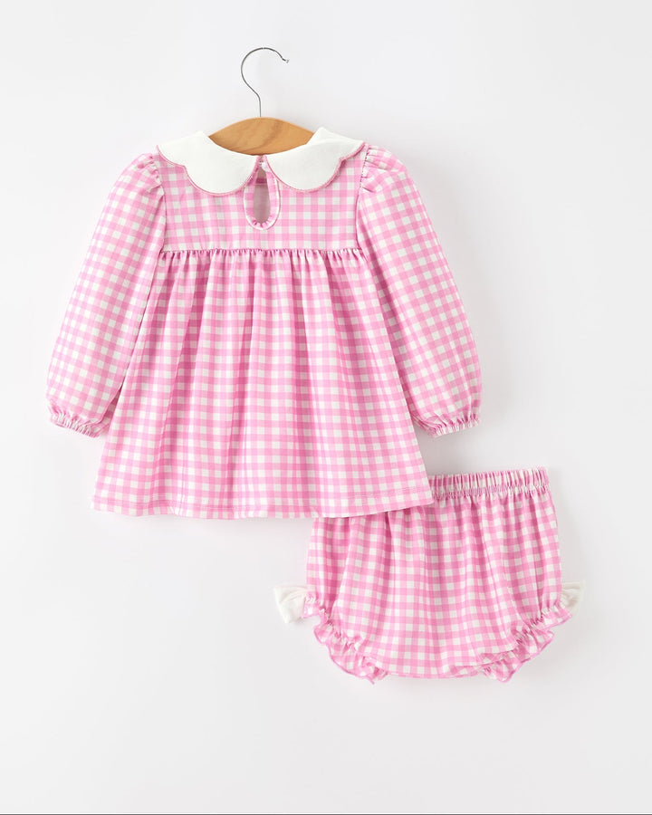 Girls pink gingham long-sleeve dress top with Peter Pan collar and matching bloomers