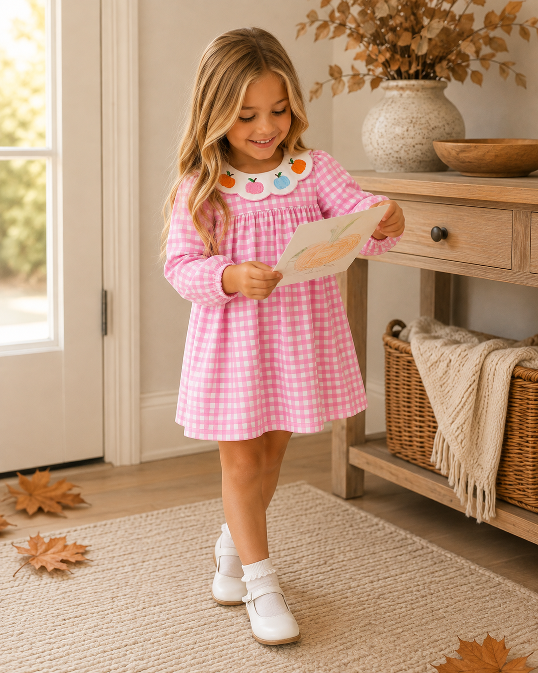 A young girl stands in a bright room wearing a pink and white gingham long-sleeve dress with a colorful embroidered collar and white shoes, holding a piece of paper near a wooden console table.
