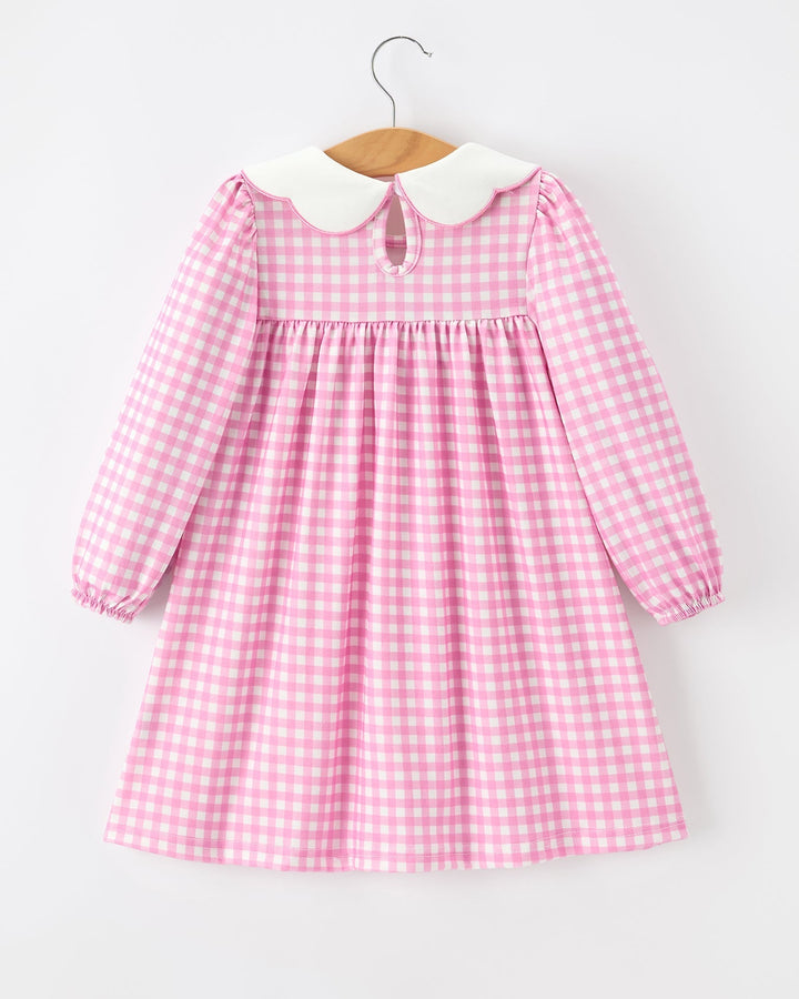 Girls pink gingham long-sleeve dress with keyhole button back