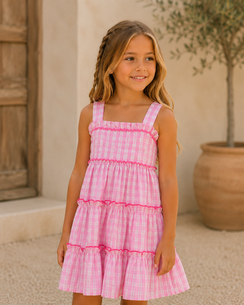 Young girl wearing a pink checkered dress standing outdoors.