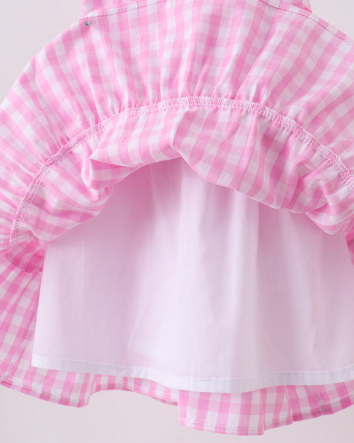 Close-up of a pink and white checkered dress with ruffled collar on a light background